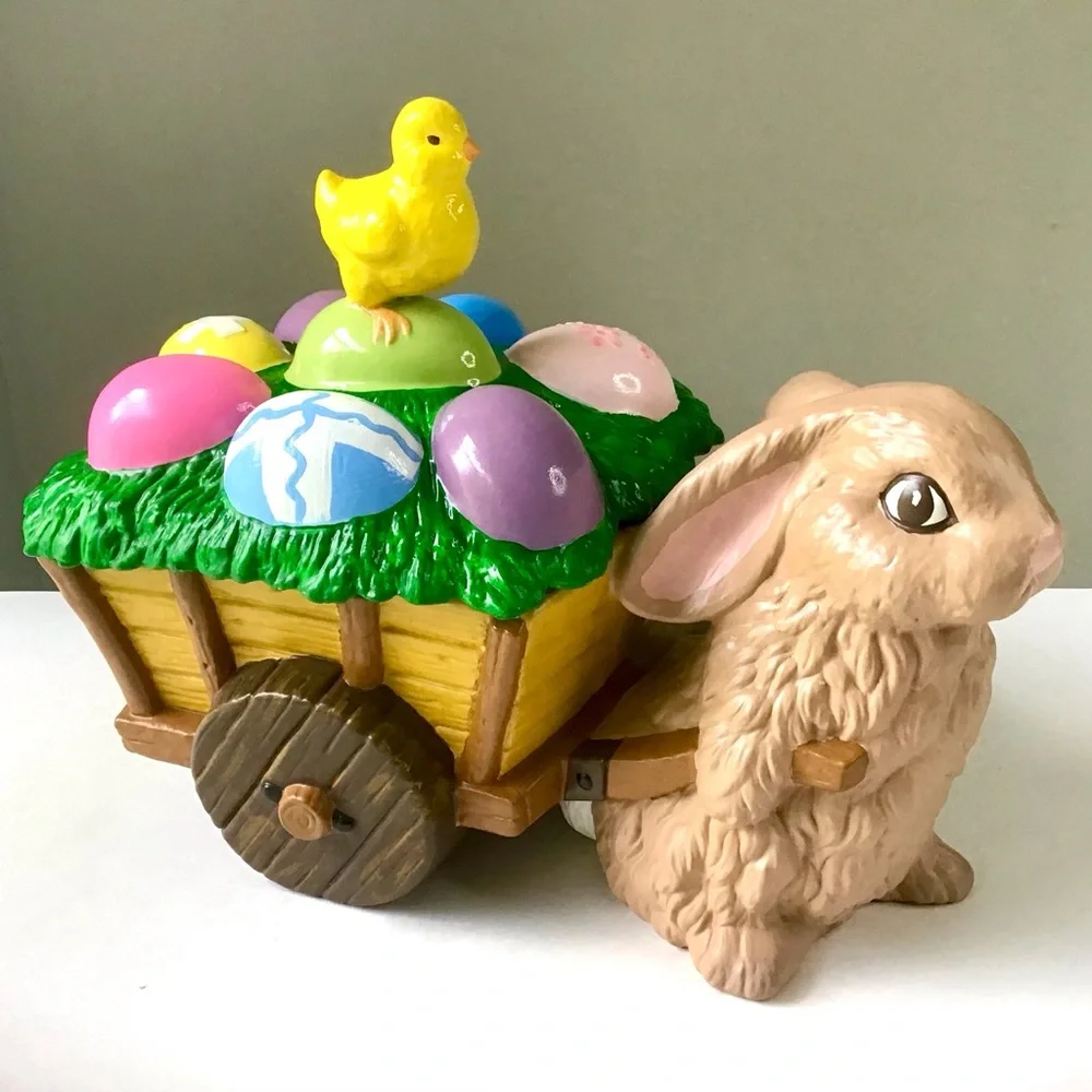 Vintage Easter Bunny Pulling Wagon Cart of Eggs Chick Large Covered Ceramic Dish